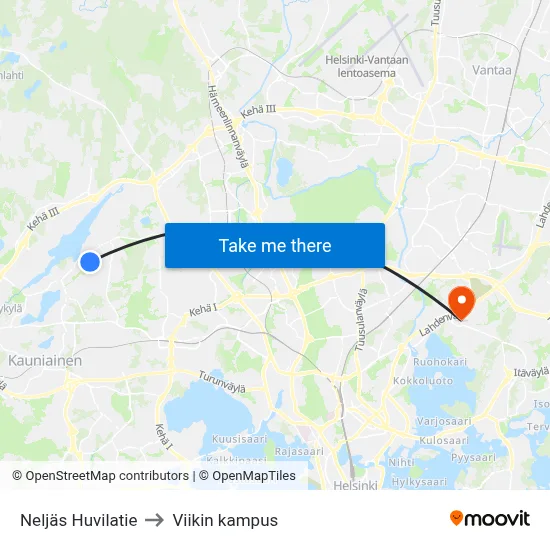 Neljäs Huvilatie to Viikin kampus map