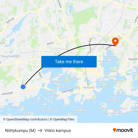 Niittykumpu (M) to Viikin kampus map