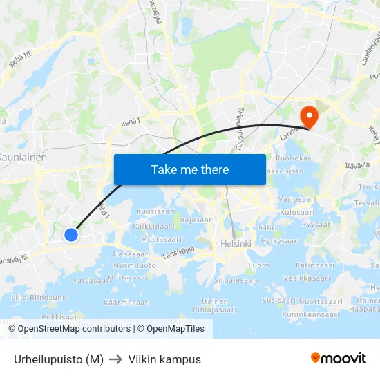 Urheilupuisto (M) to Viikin kampus map