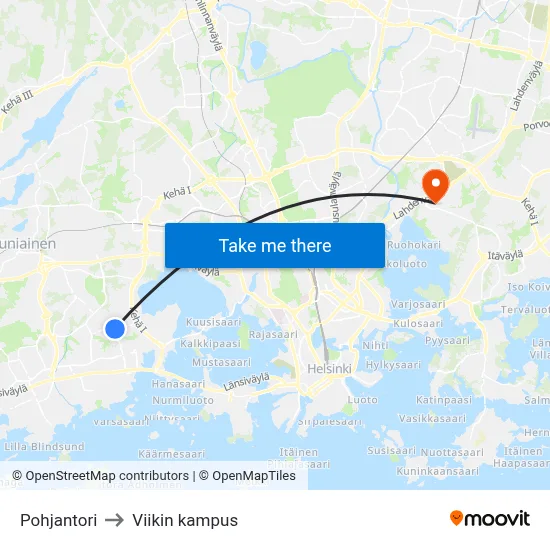 Pohjantori to Viikin kampus map