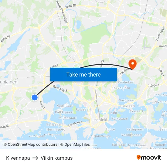 Kivennapa to Viikin kampus map