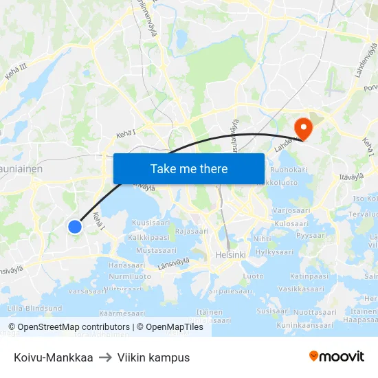 Koivu-Mankkaa to Viikin kampus map