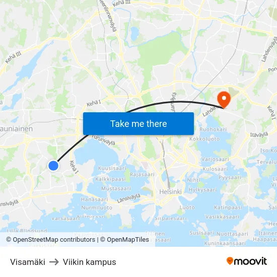 Visamäki to Viikin kampus map