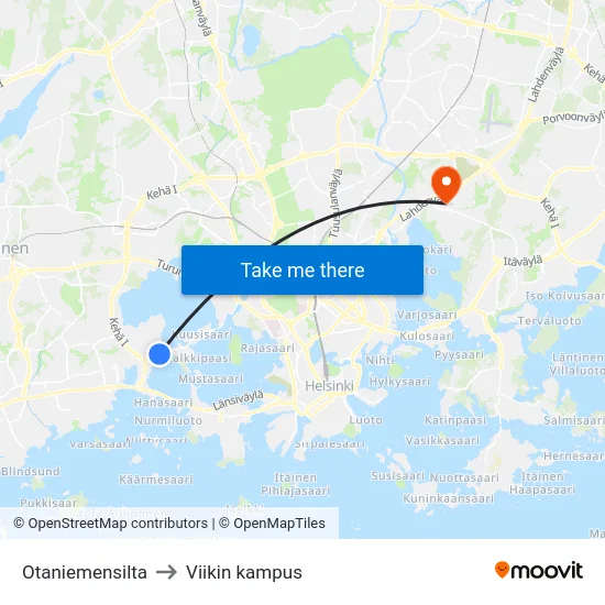 Otaniemensilta to Viikin kampus map