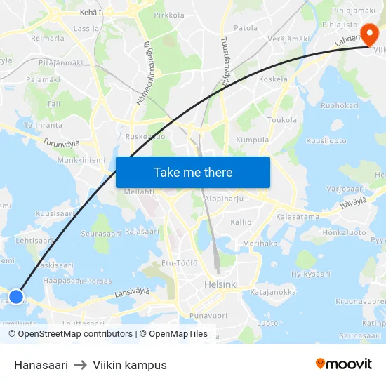 Hanasaari to Viikin kampus map