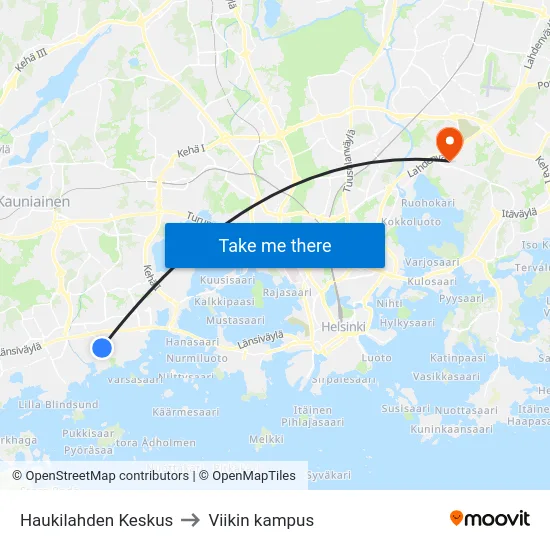 Haukilahden Keskus to Viikin kampus map