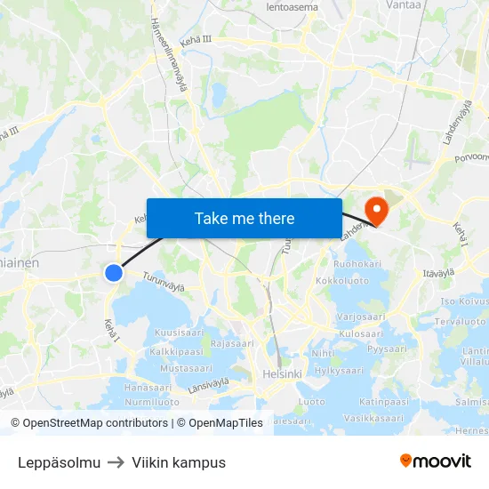 Leppäsolmu to Viikin kampus map