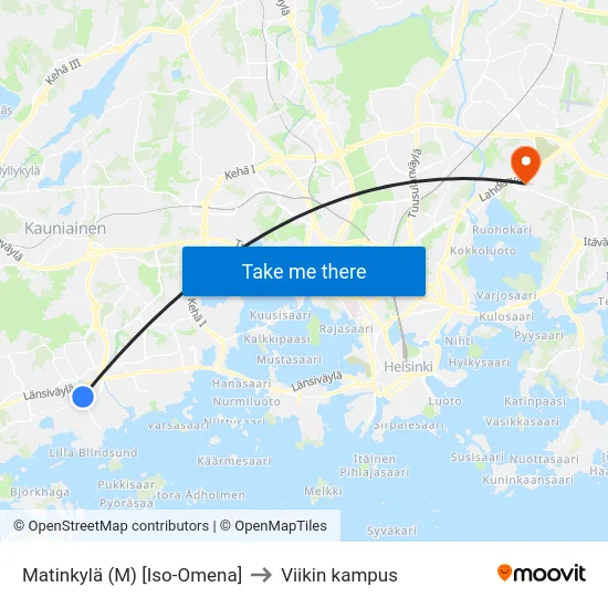 Matinkylä (M) [Iso-Omena] to Viikin kampus map