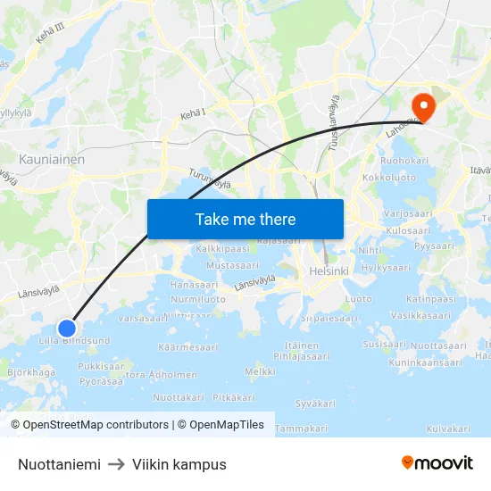 Nuottaniemi to Viikin kampus map