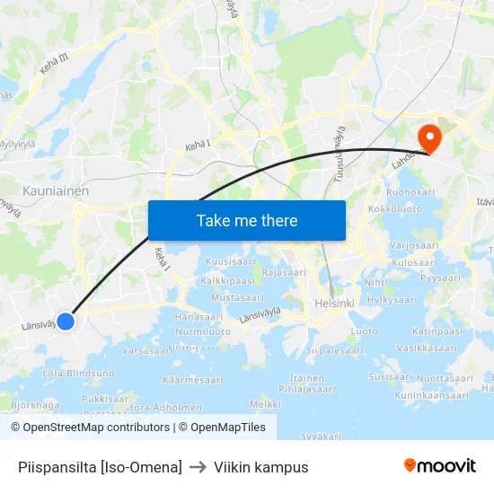 Piispansilta [Iso-Omena] to Viikin kampus map