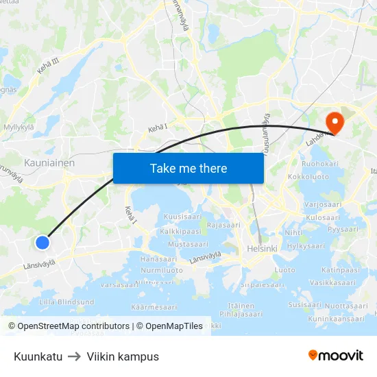Kuunkatu to Viikin kampus map