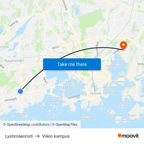 Lystimäenristi to Viikin kampus map