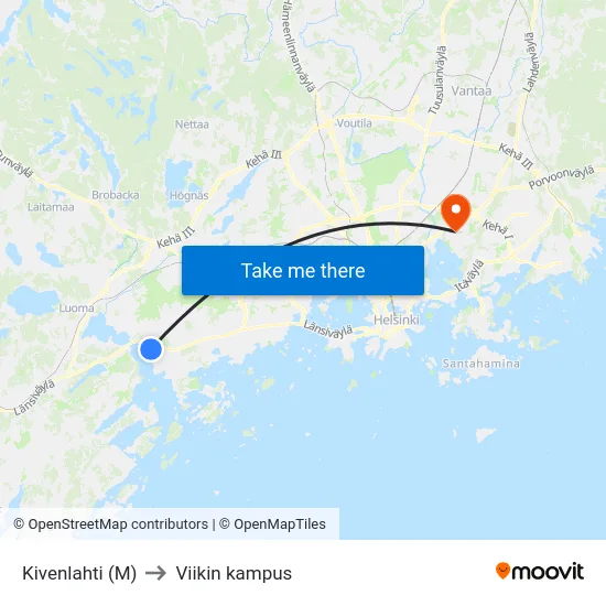 Kivenlahti (M) to Viikin kampus map
