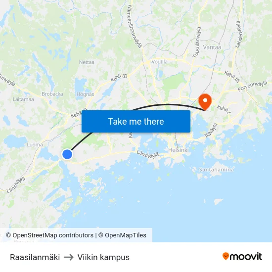 Raasilanmäki to Viikin kampus map