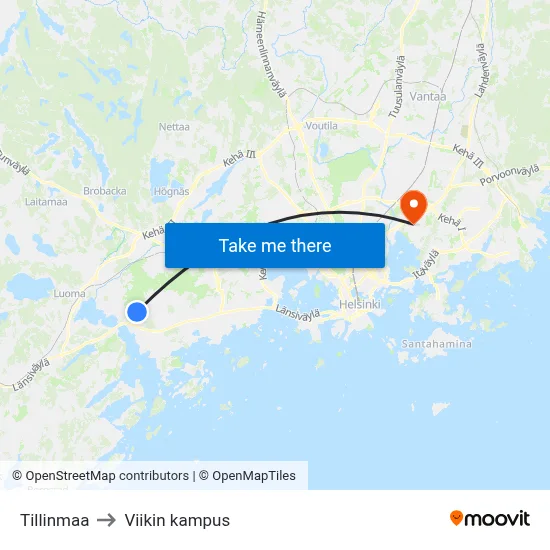 Tillinmaa to Viikki Campus map