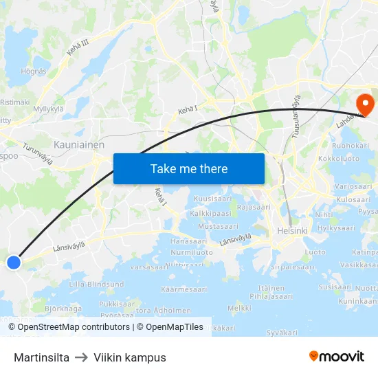 Martinsilta to Viikin kampus map