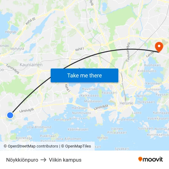 Nöykkiönpuro to Viikin kampus map