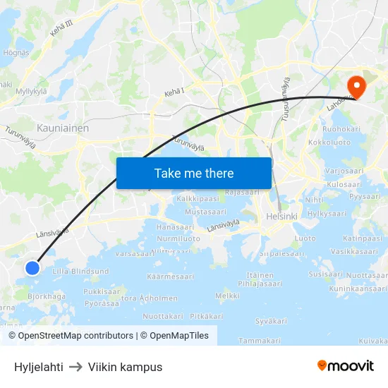 Hyljelahti to Viikin kampus map