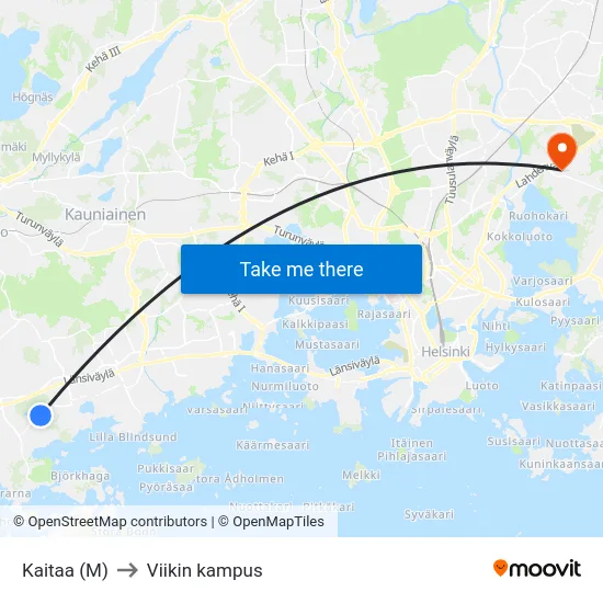 Kaitaa (M) to Viikin kampus map