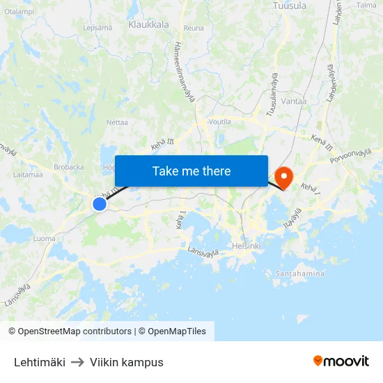 Lehtimäki to Viikin kampus map
