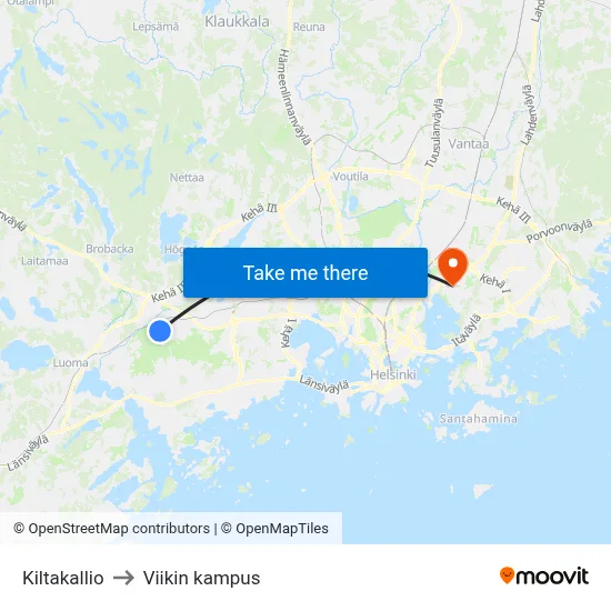 Kiltakallio to Viikin kampus map