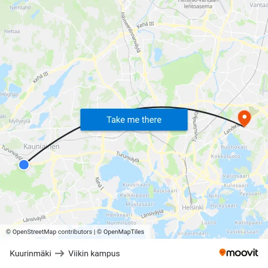 Kuurinmäki to Viikin kampus map