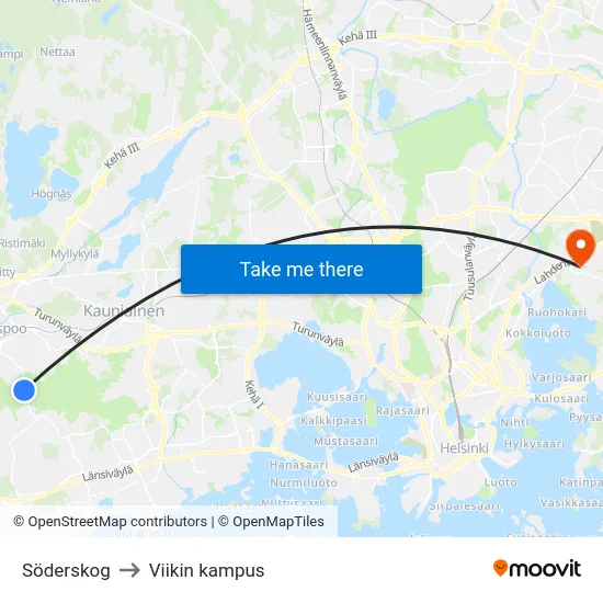 Söderskog to Viikin kampus map