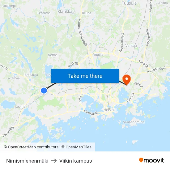 Nimismiehenmäki to Viikin kampus map
