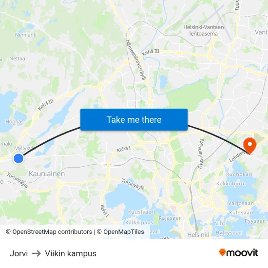 Jorvi to Viikin kampus map