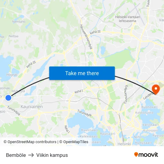 Bemböle to Viikin kampus map