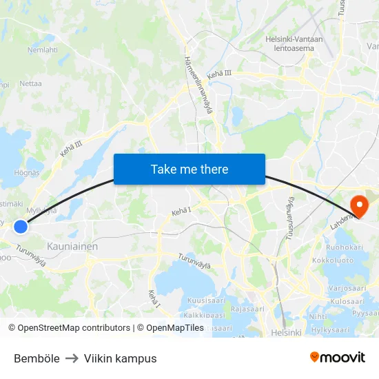 Bemböle to Viikin kampus map