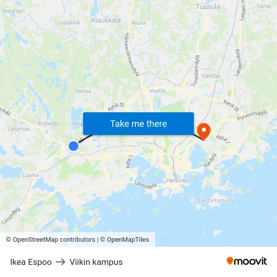 Ikea Espoo to Viikin kampus map