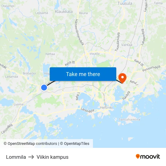 Lommila to Viikin kampus map