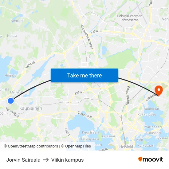 Jorvin Sairaala to Viikin kampus map