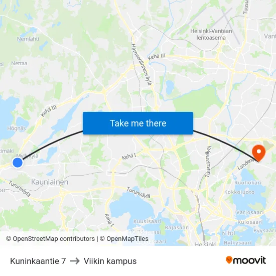 Kuninkaantie 7 to Viikin kampus map