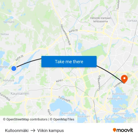 Kulloonmäki to Viikin kampus map
