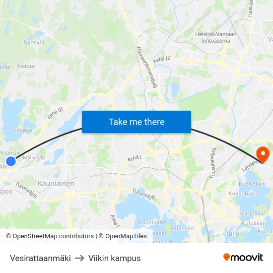 Vesirattaanmäki to Viikin kampus map