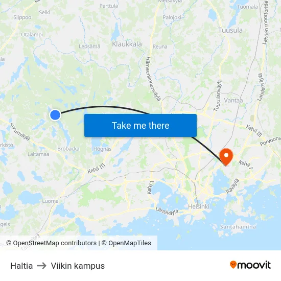 Haltia to Viikin kampus map