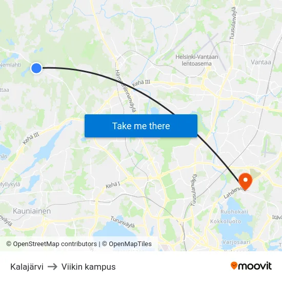 Kalajärvi to Viikin kampus map