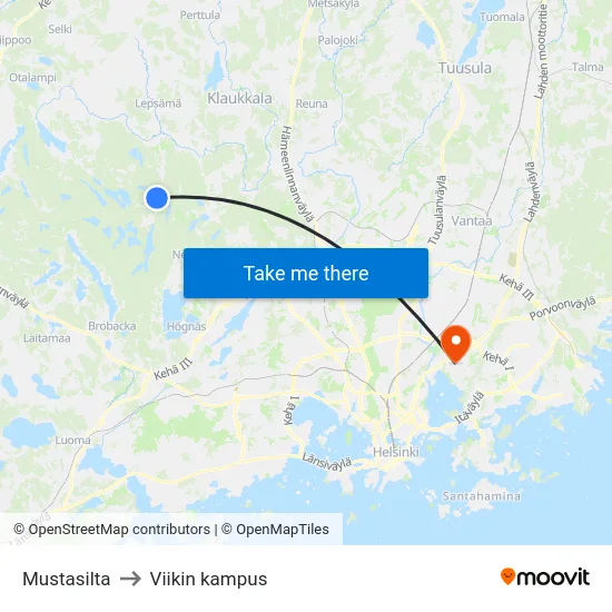 Mustasilta to Viikin kampus map