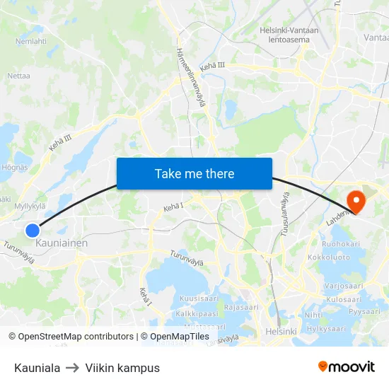 Kauniala to Viikin kampus map