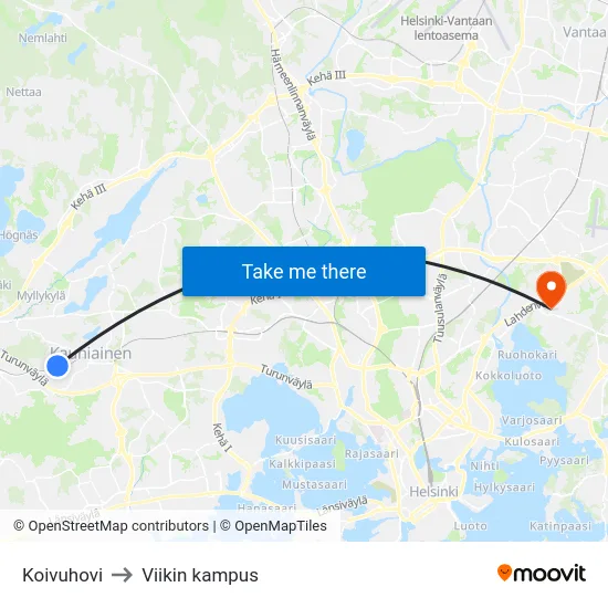 Koivuhovi to Viikin kampus map