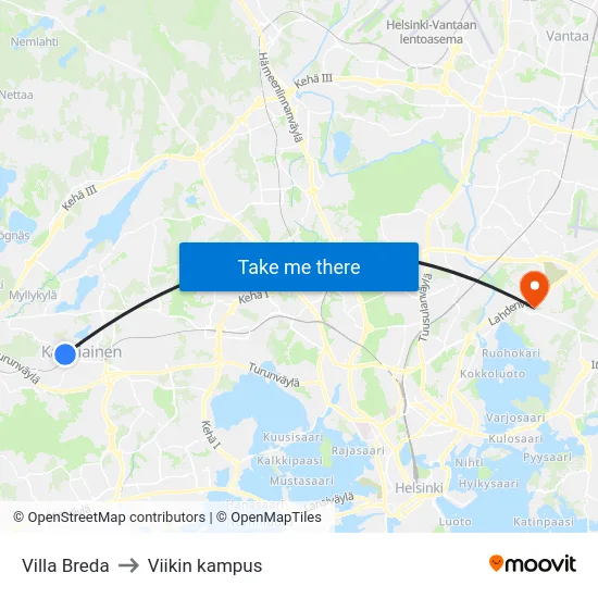Villa Breda to Viikin kampus map