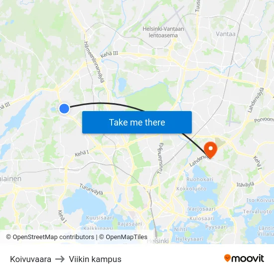 Koivuvaara to Viikin kampus map