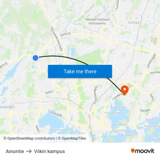 Ainontie to Viikin kampus map