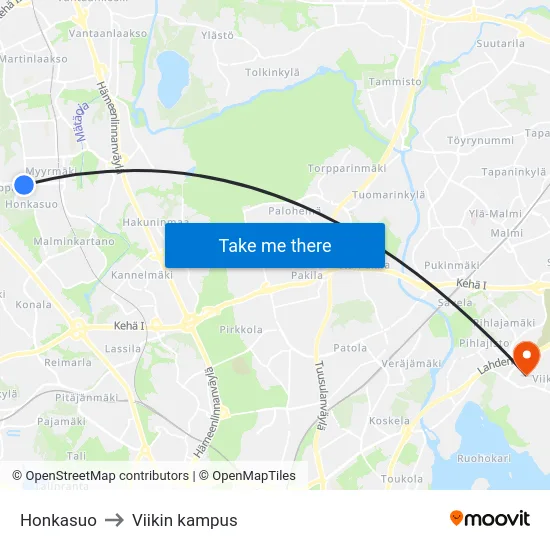 Honkasuo to Viikin kampus map