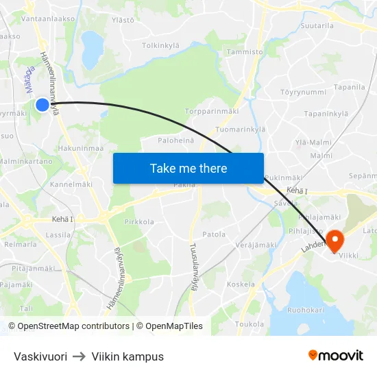 Vaskivuori to Viikin kampus map