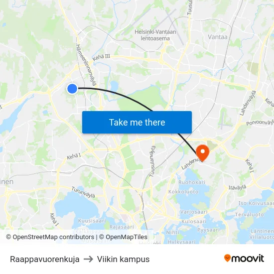Raappavuorenkuja to Viikin kampus map