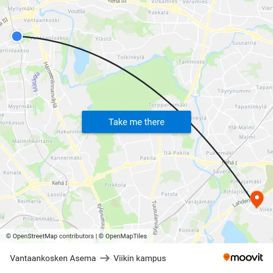 Vantaankosken Asema to Viikin kampus map