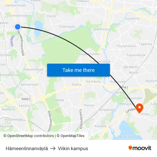 Hämeenlinnanväylä to Viikin kampus map
